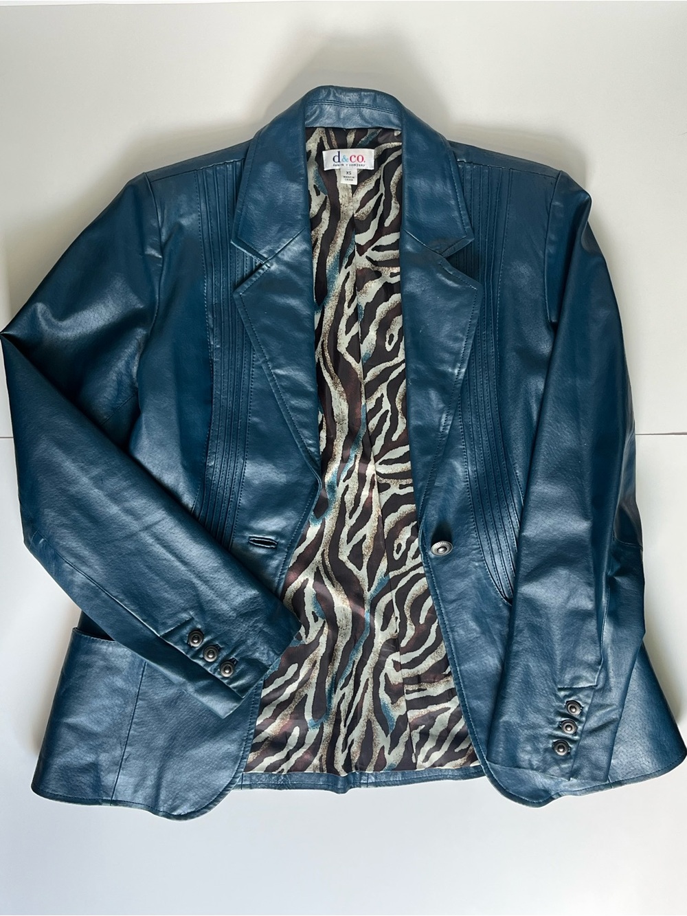 Denim & Co Blue Genuine Leather Pintuck Blazer Jacket Zebra Lined XS